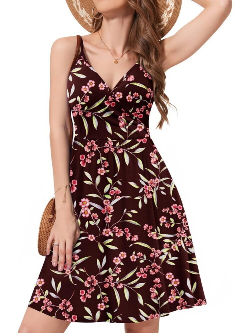 Women's Floral Claret Spaghetti Strap Sundress Casual Beach Flowy Mini Dress